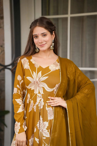 Golden Bloom Anarkali Set - Kurtikala