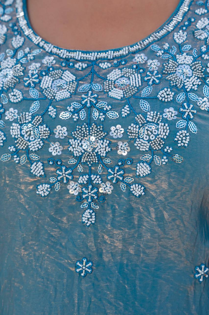 Aqua Elegance Embroidered Palazzo Suit - Kurtikala