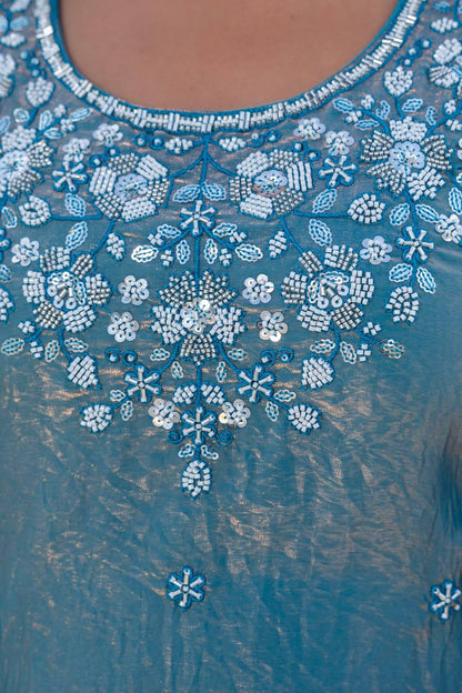 Aqua Elegance Embroidered Palazzo Suit - Kurtikala