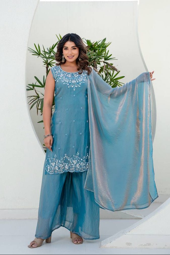 Aqua Elegance Embroidered Palazzo Suit - Kurtikala