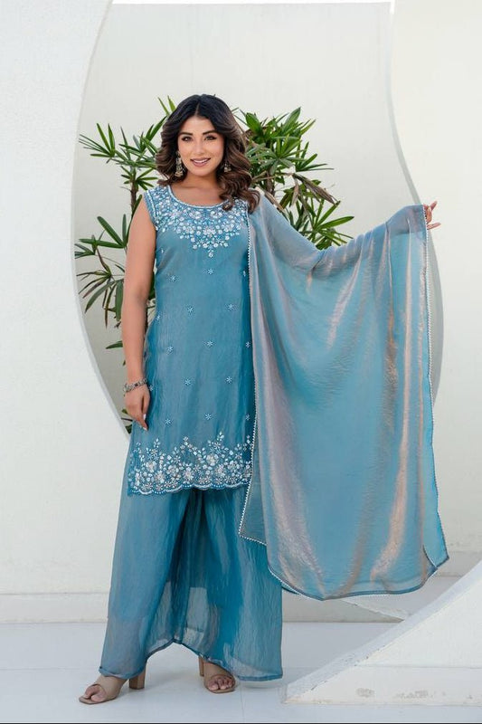 Aqua Elegance Embroidered Palazzo Suit - Kurtikala