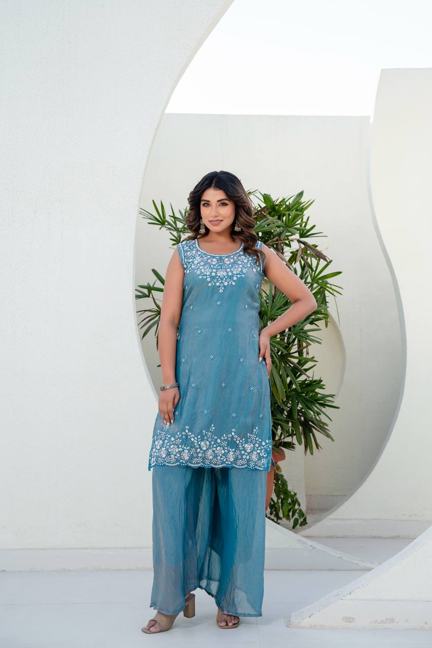 Aqua Elegance Embroidered Palazzo Suit - Kurtikala