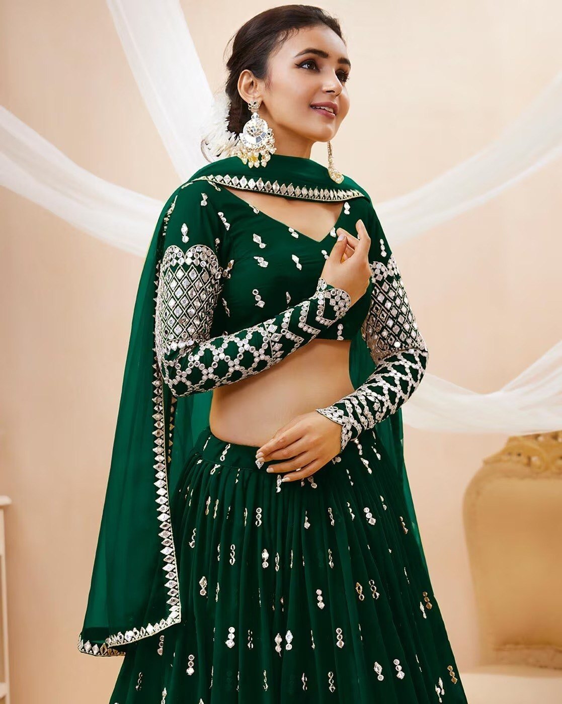Emerald Green Embroidered Lehenga Set - Kurtikala