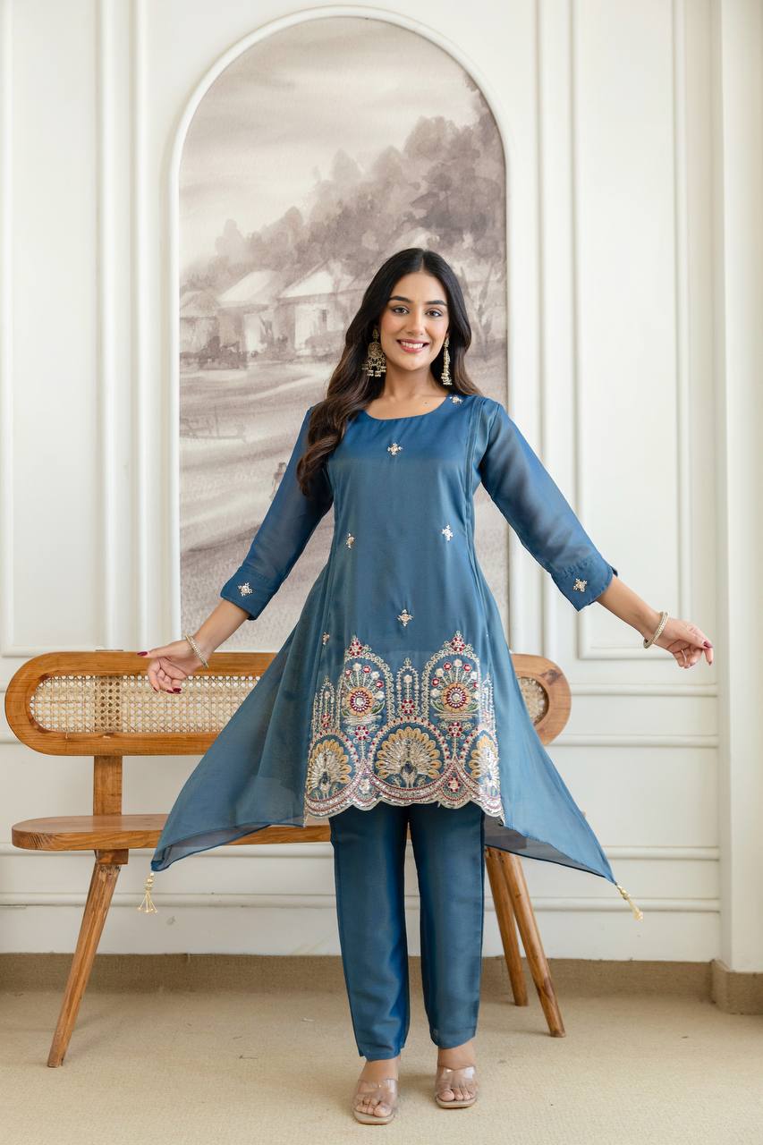 Noor Teal Designer Cord Set - Kurtikala