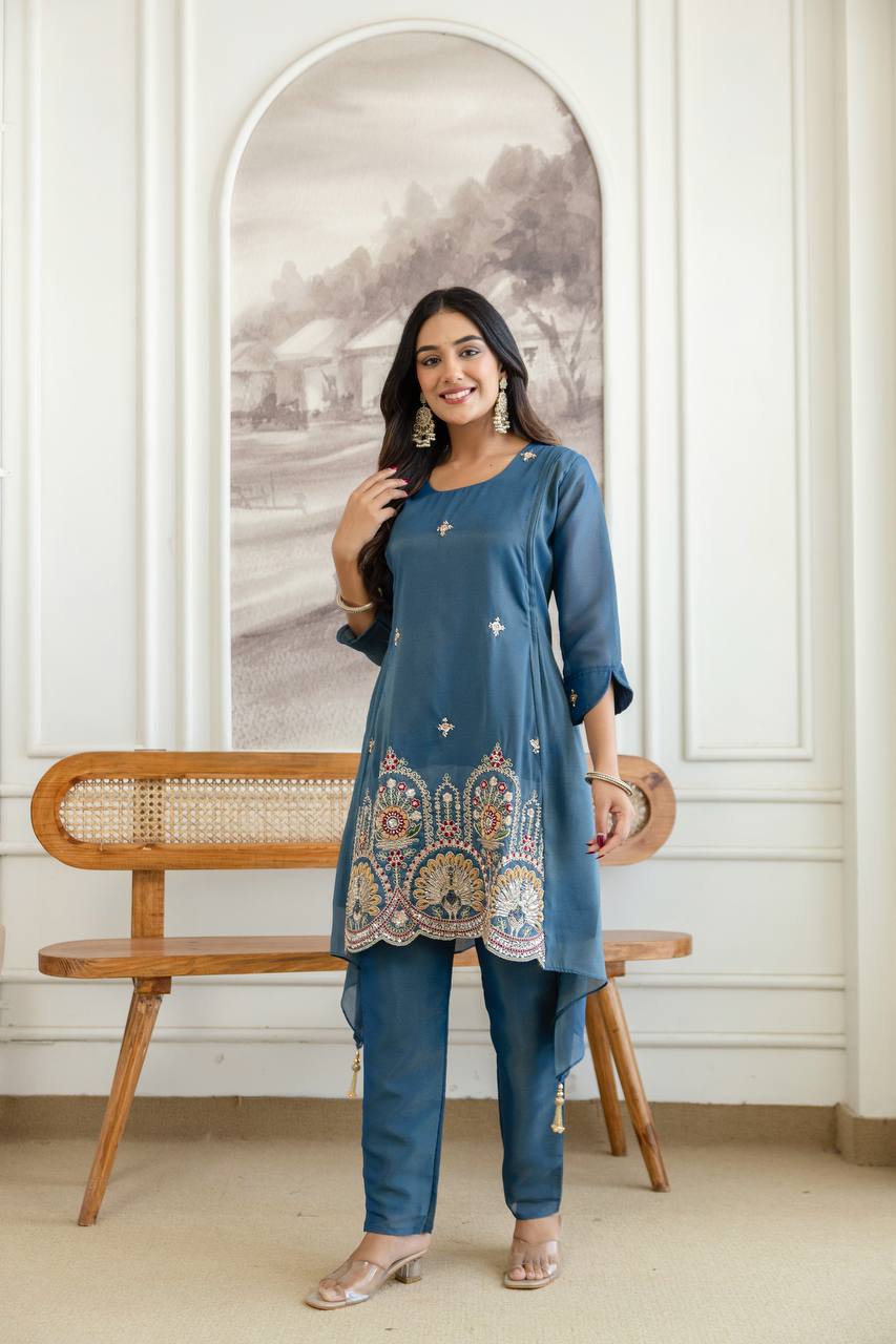 Noor Teal Designer Cord Set - Kurtikala