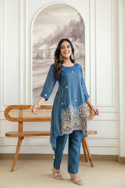 Noor Teal Designer Cord Set - Kurtikala