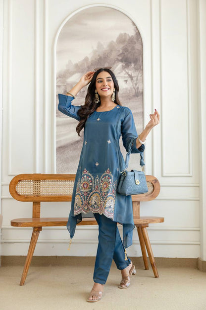 Noor Teal Designer Cord Set - Kurtikala
